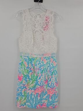 Lilly Pulitzer Sharice Stretch Shift White Lace  Dress with Coral Bay Size 4